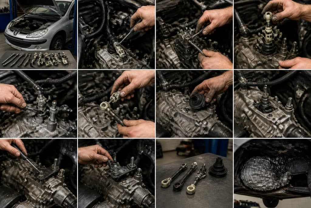 guide détaillé pour le démontage de la tringlerie de la boîte de vitesse sur une peugeot 206, avec des étapes claires et illustrées pour faciliter l'entretien.